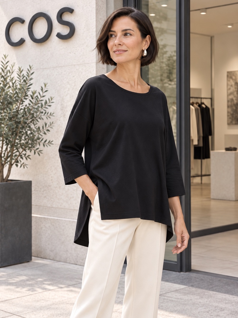 COS, Oversized Cotton High Low Tunic Top 3/4 Sleeve Scoop Neck Minimalist,Size M